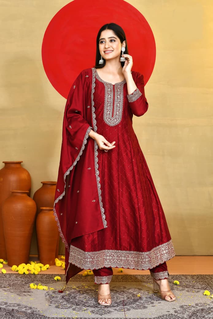 Shree Shanti Selection - Wine Red Anarkali Kurta Set